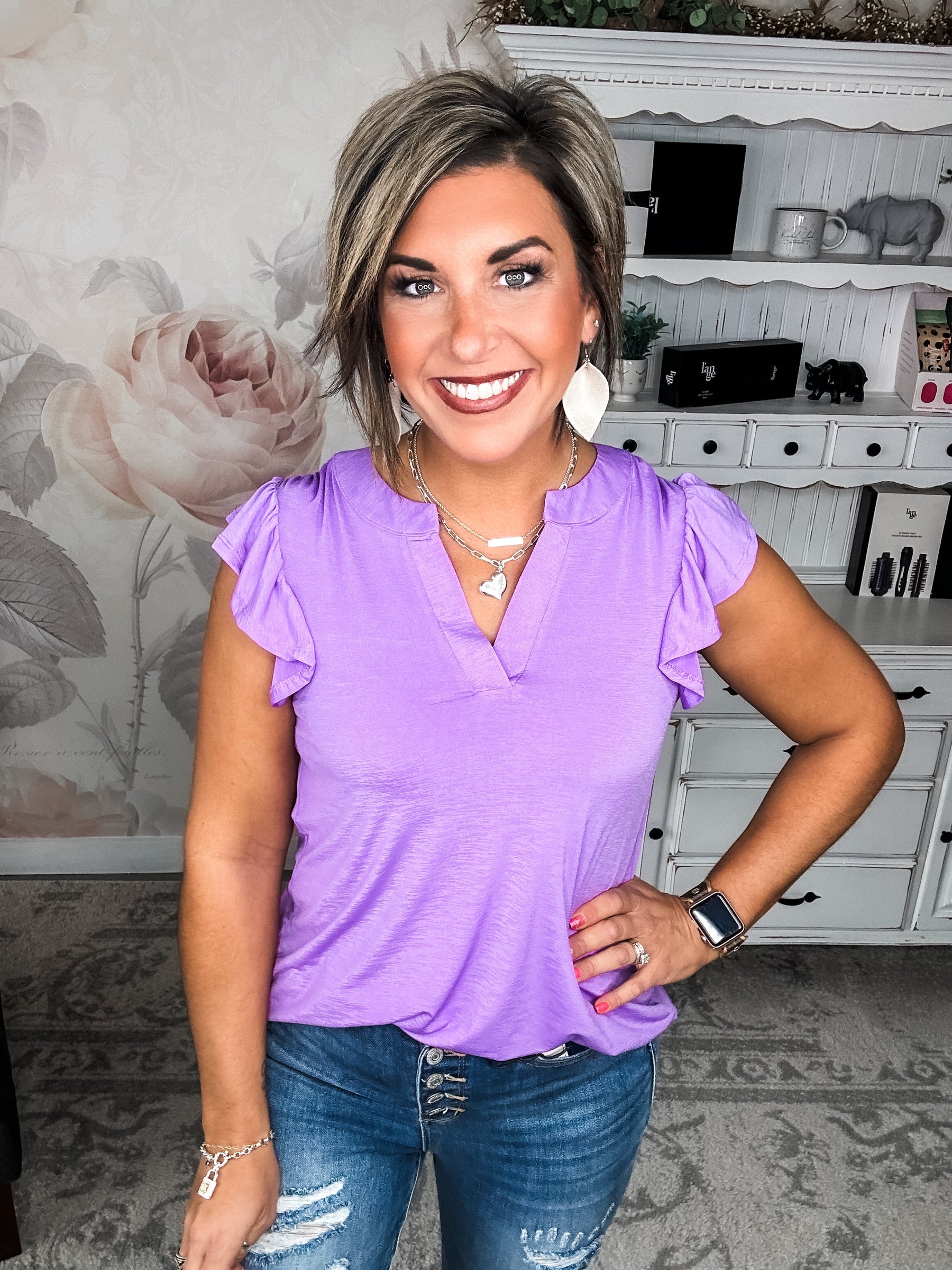 Figure It Out Ruffle Sleeve Top - Lavender