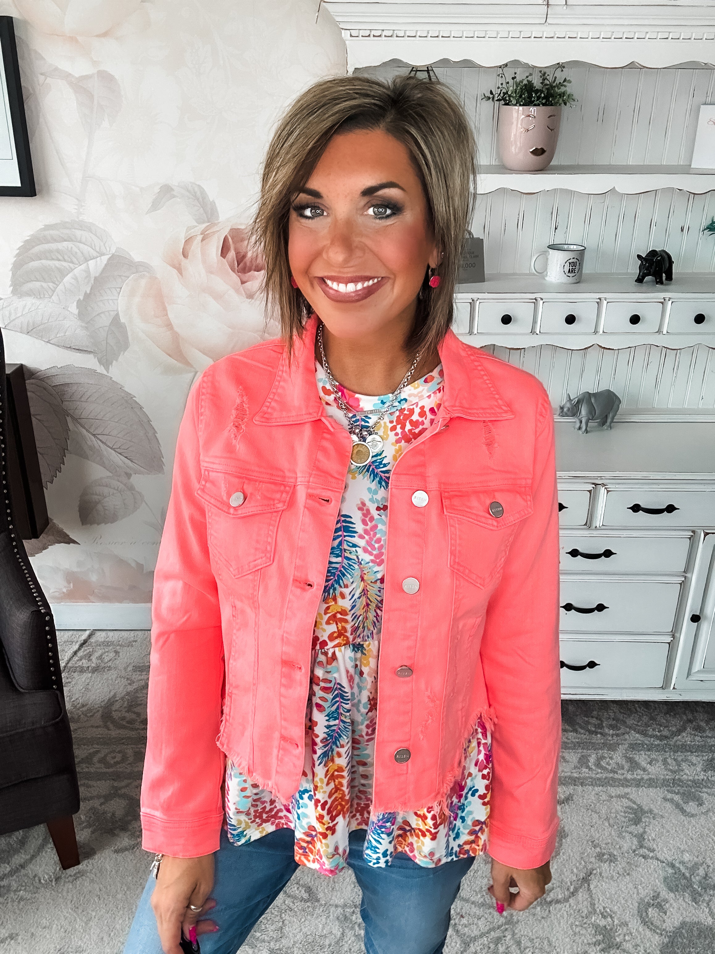 Make Me Happy Fray Hem Color Jean Jacket - Coral