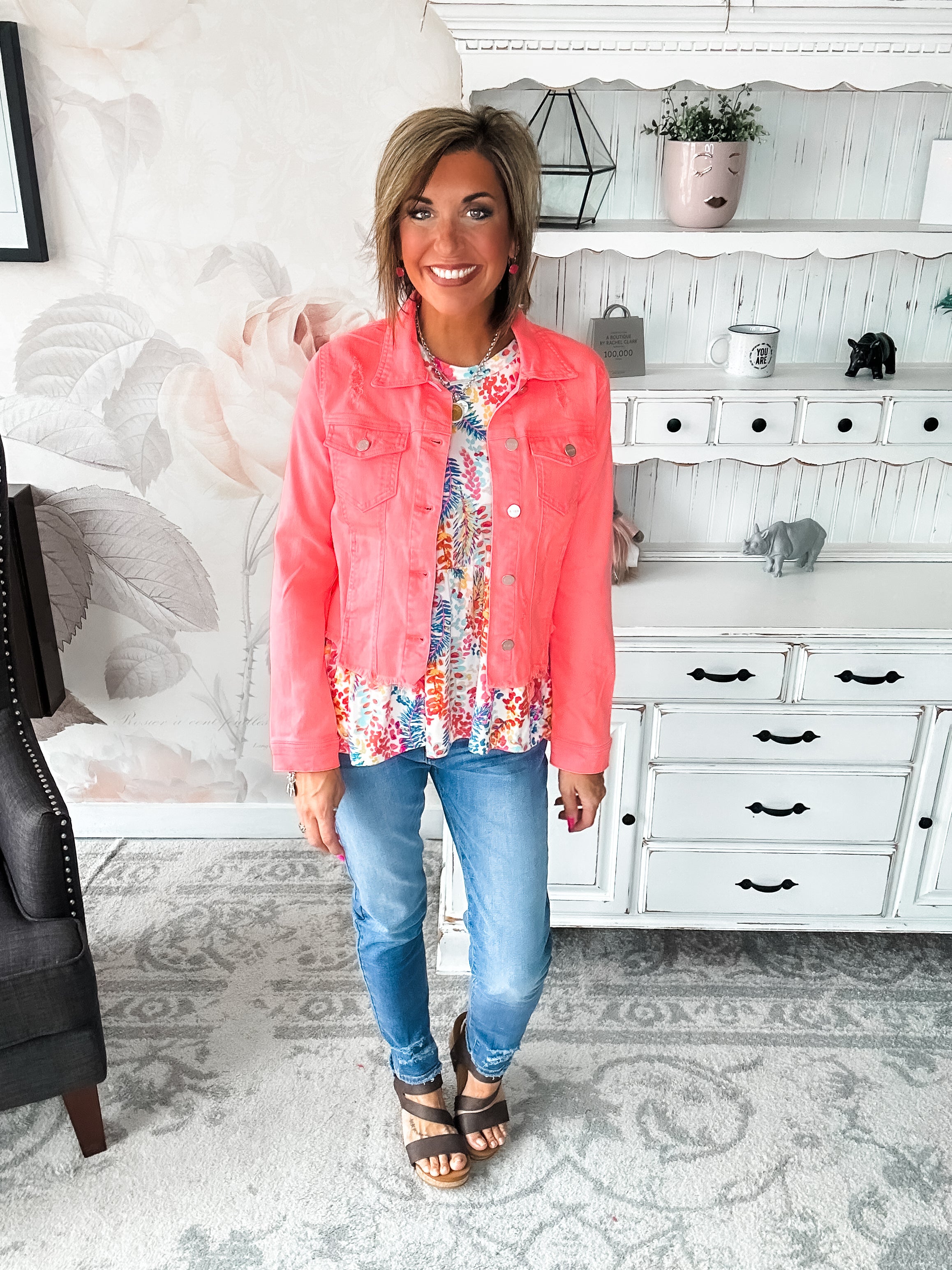 Make Me Happy Fray Hem Color Jean Jacket - Coral