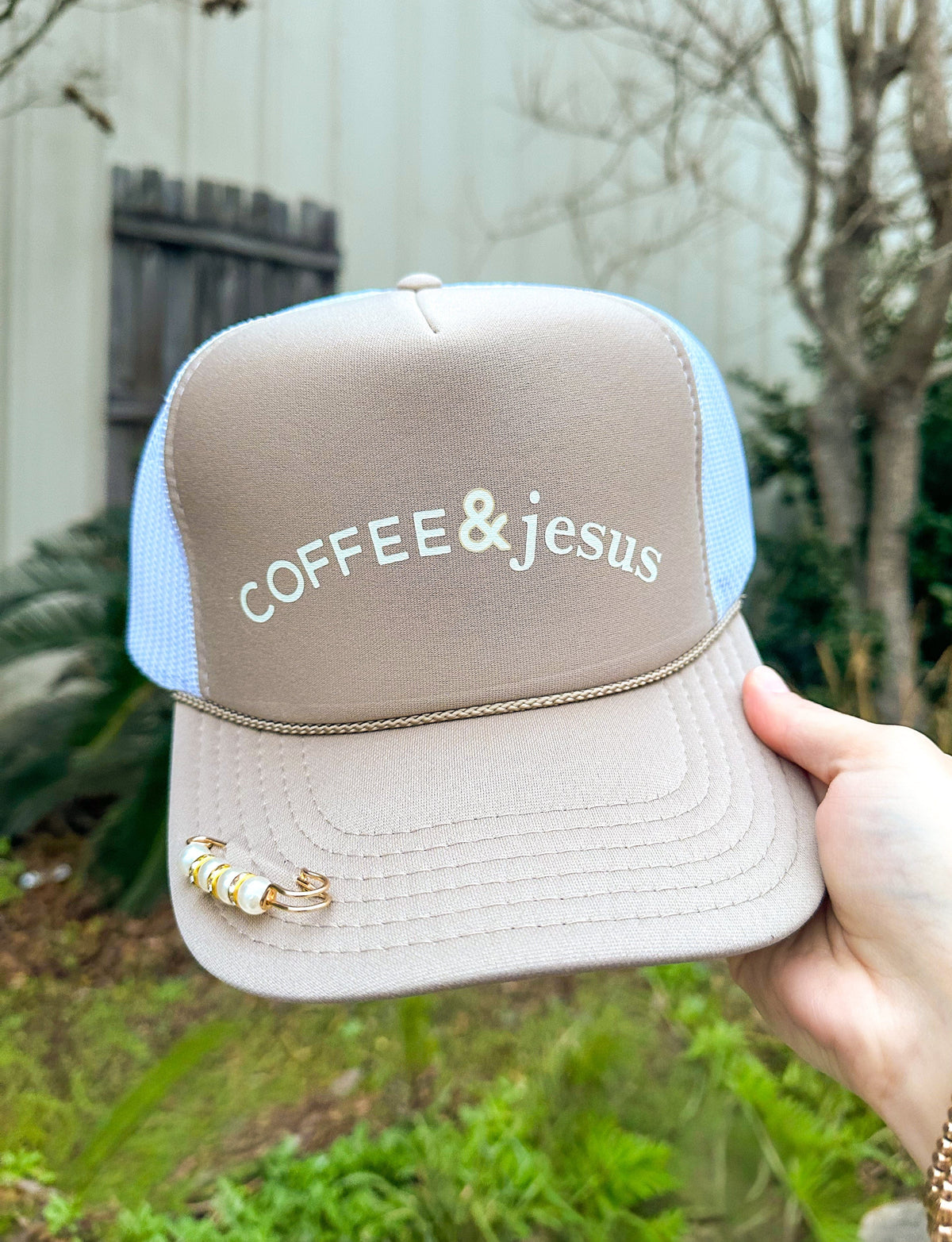 Coffee & Jesus Khaki/White Trucker Hat  *ONLINE EXCLUSIVE*