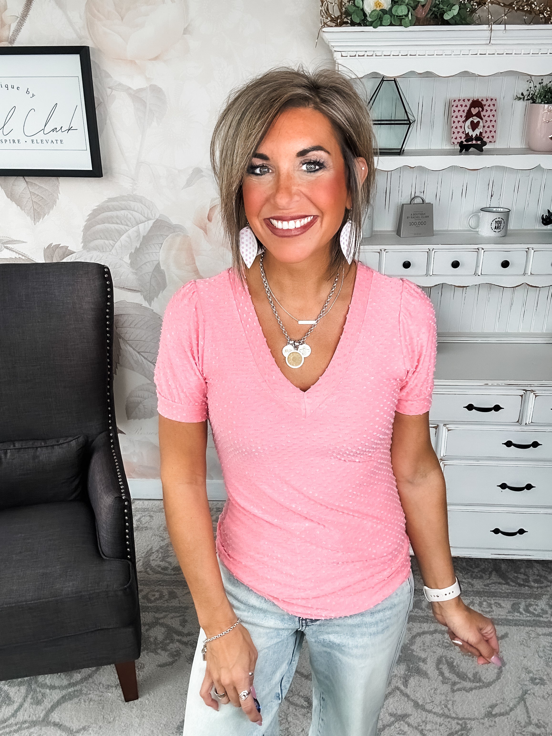 Hello Springtime Swiss Dot Top - Coral