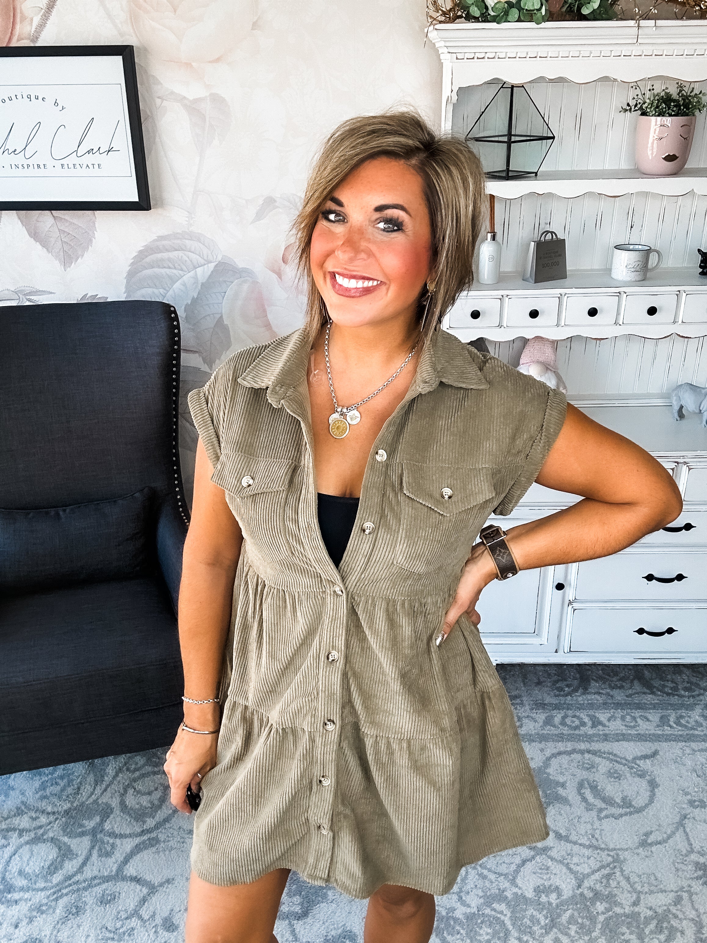 Missing Home Corduroy Dress - Olive