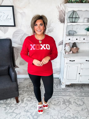 XOXO Boyfriend Long Sleeve Chenille Tee - Red