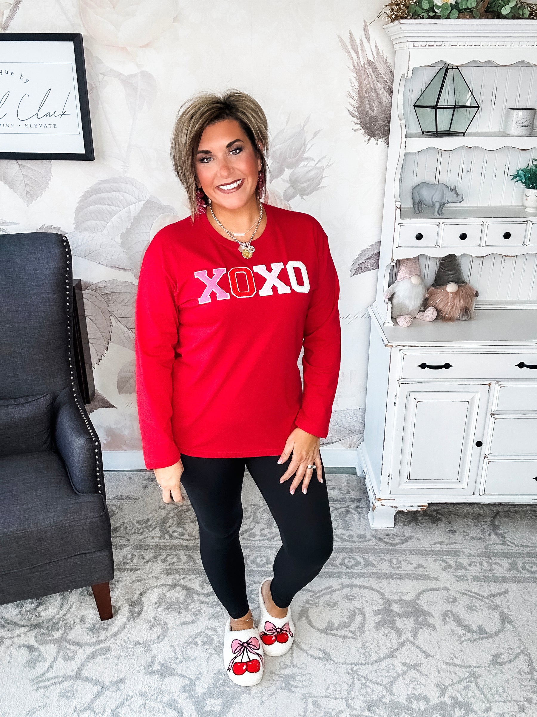 XOXO Boyfriend Long Sleeve Chenille Tee - Red