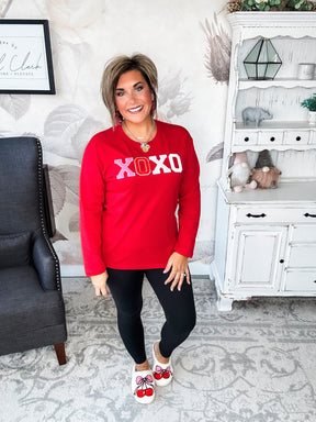 XOXO Boyfriend Long Sleeve Chenille Tee - Red