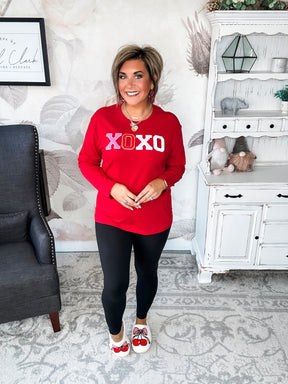 XOXO Boyfriend Long Sleeve Chenille Tee - Red