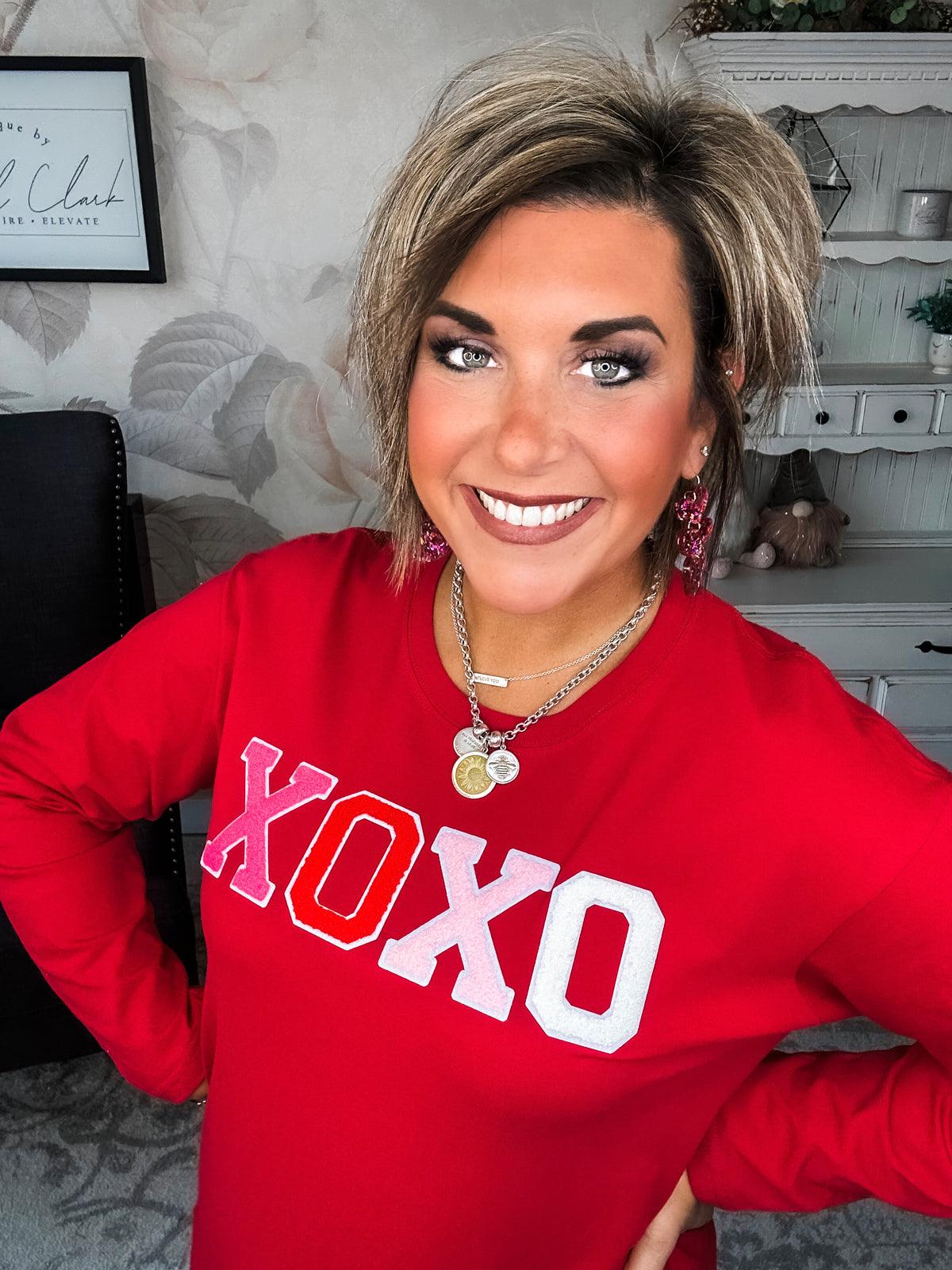 XOXO Boyfriend Long Sleeve Chenille Tee - Red