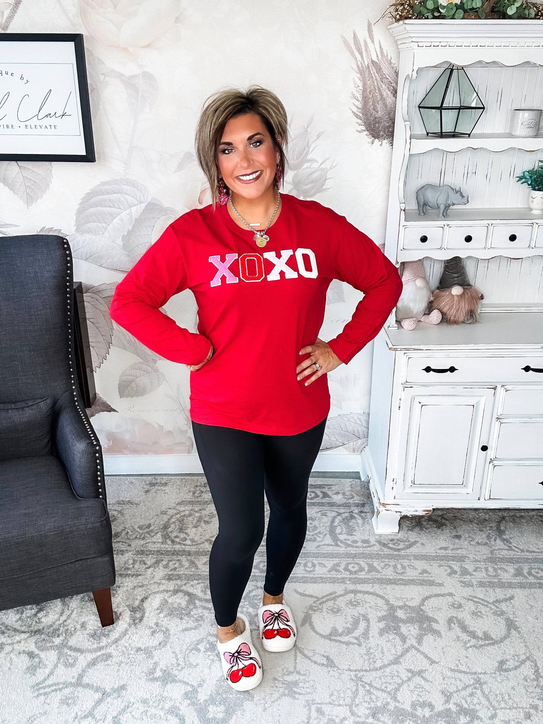 XOXO Boyfriend Long Sleeve Chenille Tee - Red