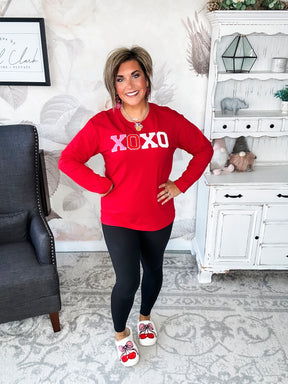 XOXO Boyfriend Long Sleeve Chenille Tee - Red