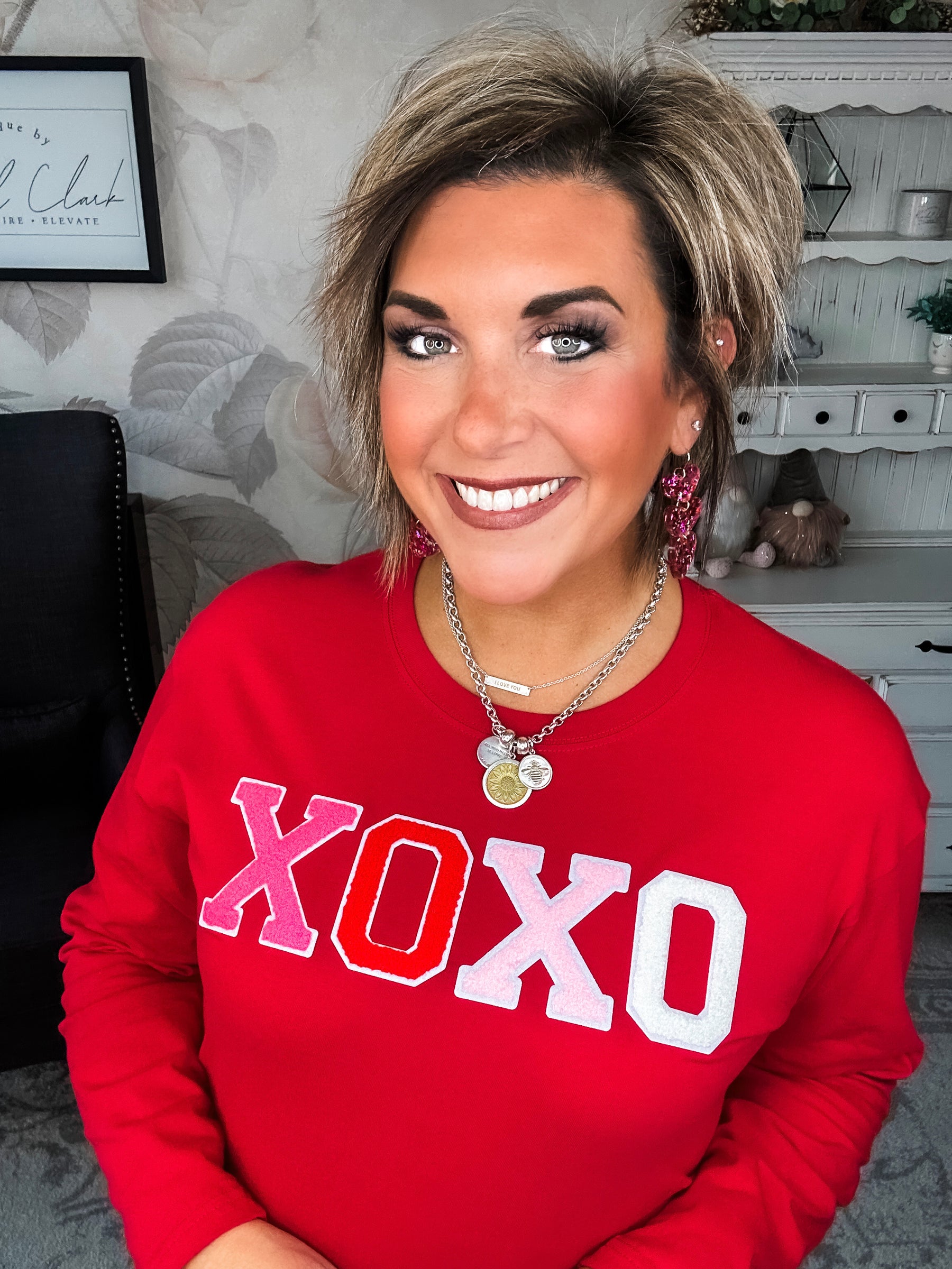 XOXO Boyfriend Long Sleeve Chenille Tee - Red