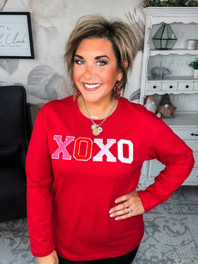 XOXO Boyfriend Long Sleeve Chenille Tee - Red