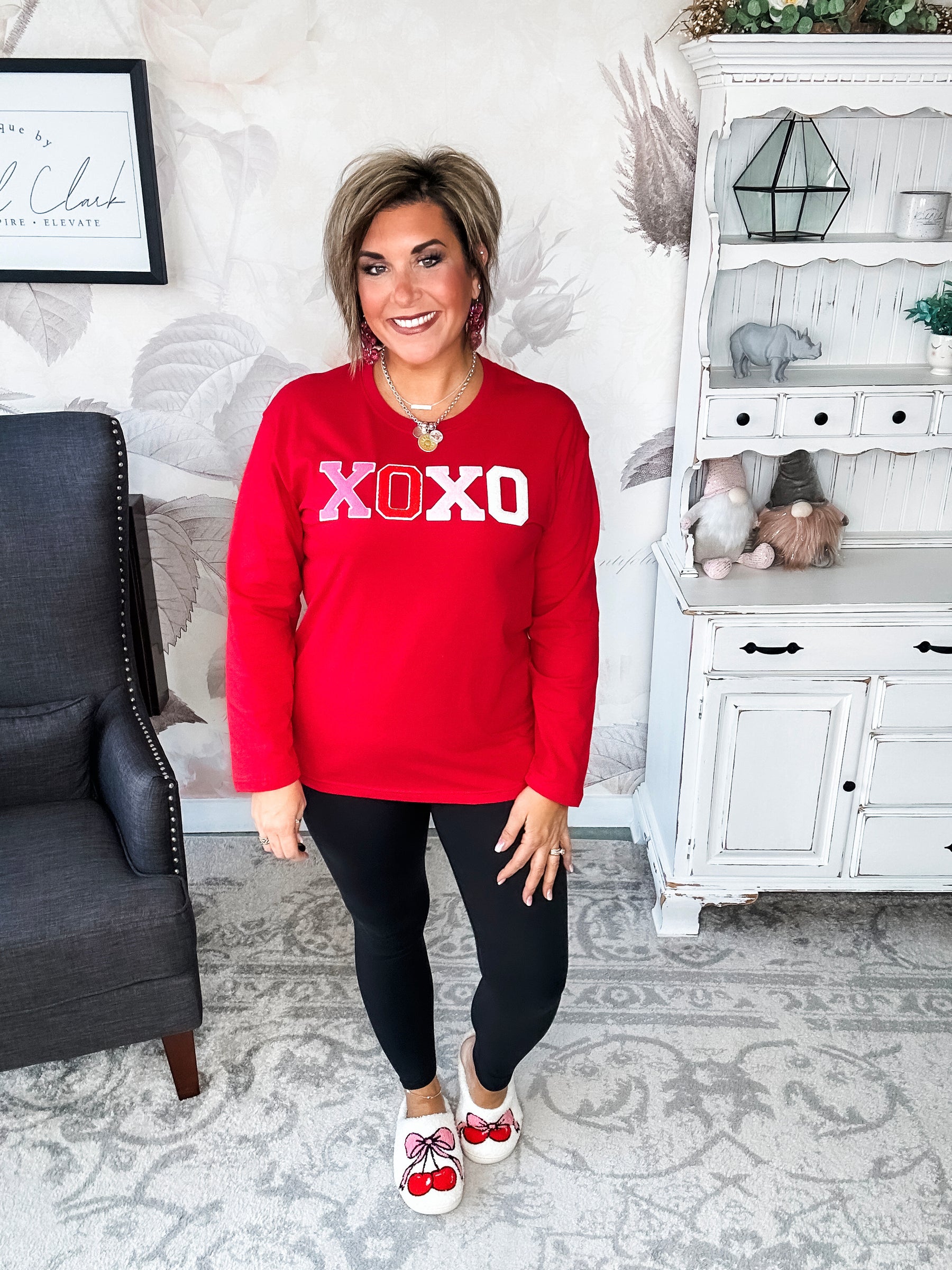 XOXO Boyfriend Long Sleeve Chenille Tee - Red