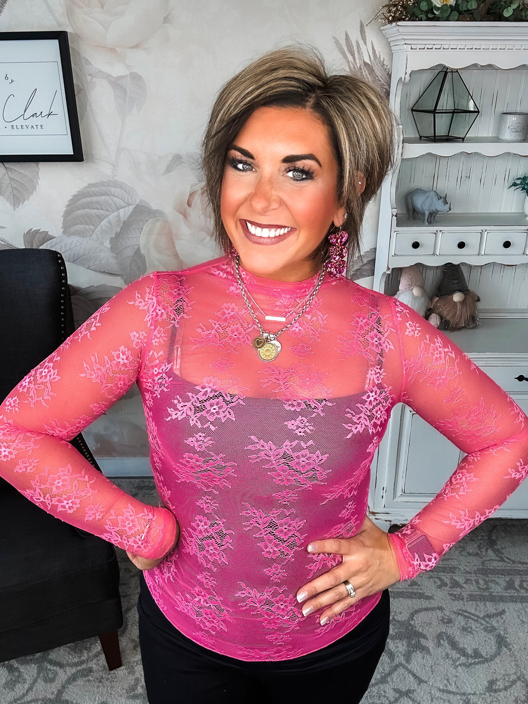 Sweetest Friend Mesh Lace Top - Hot Pink