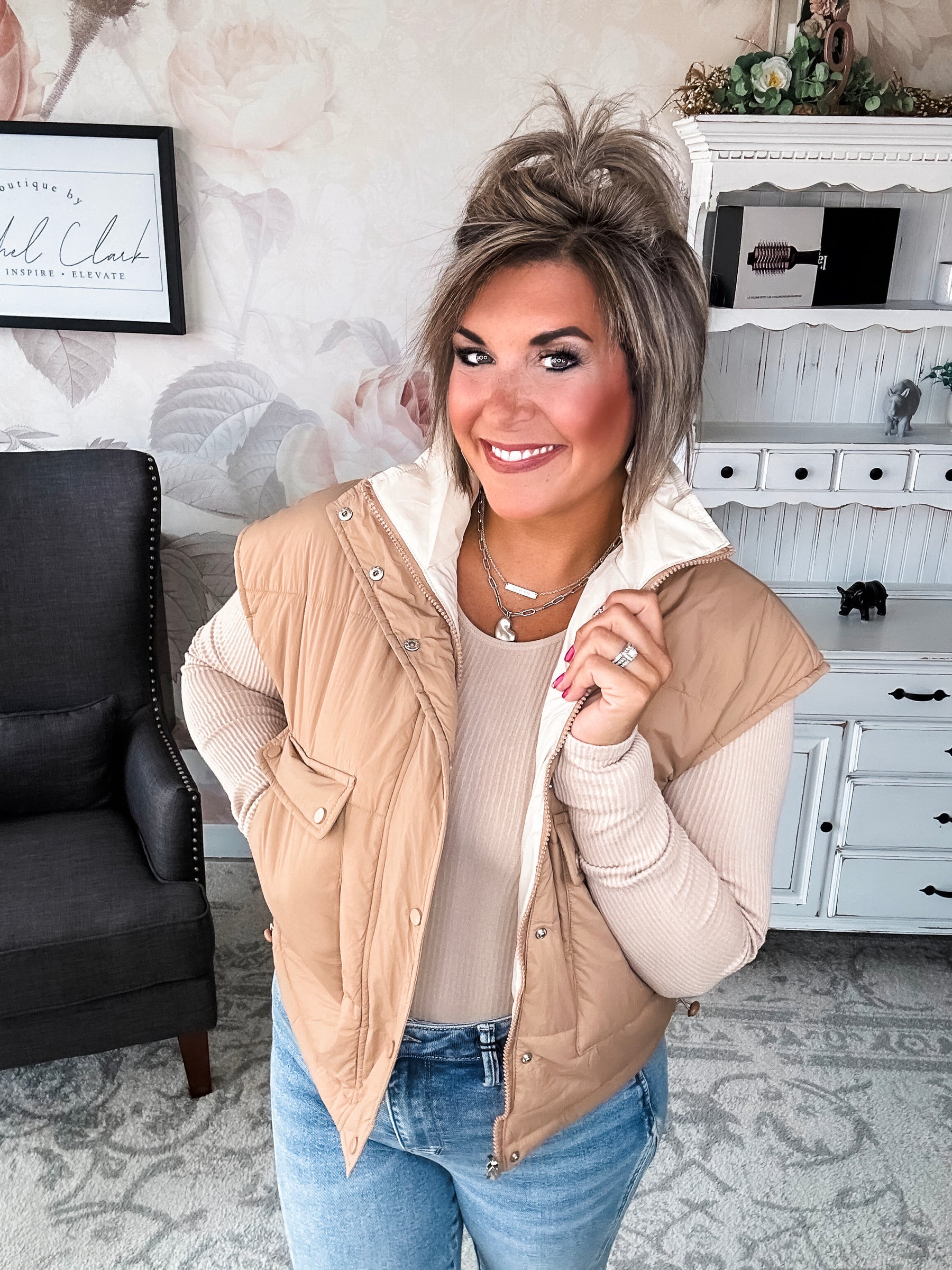 Stay Out All Night Reversible Puffer Vest - Tan/Ivory