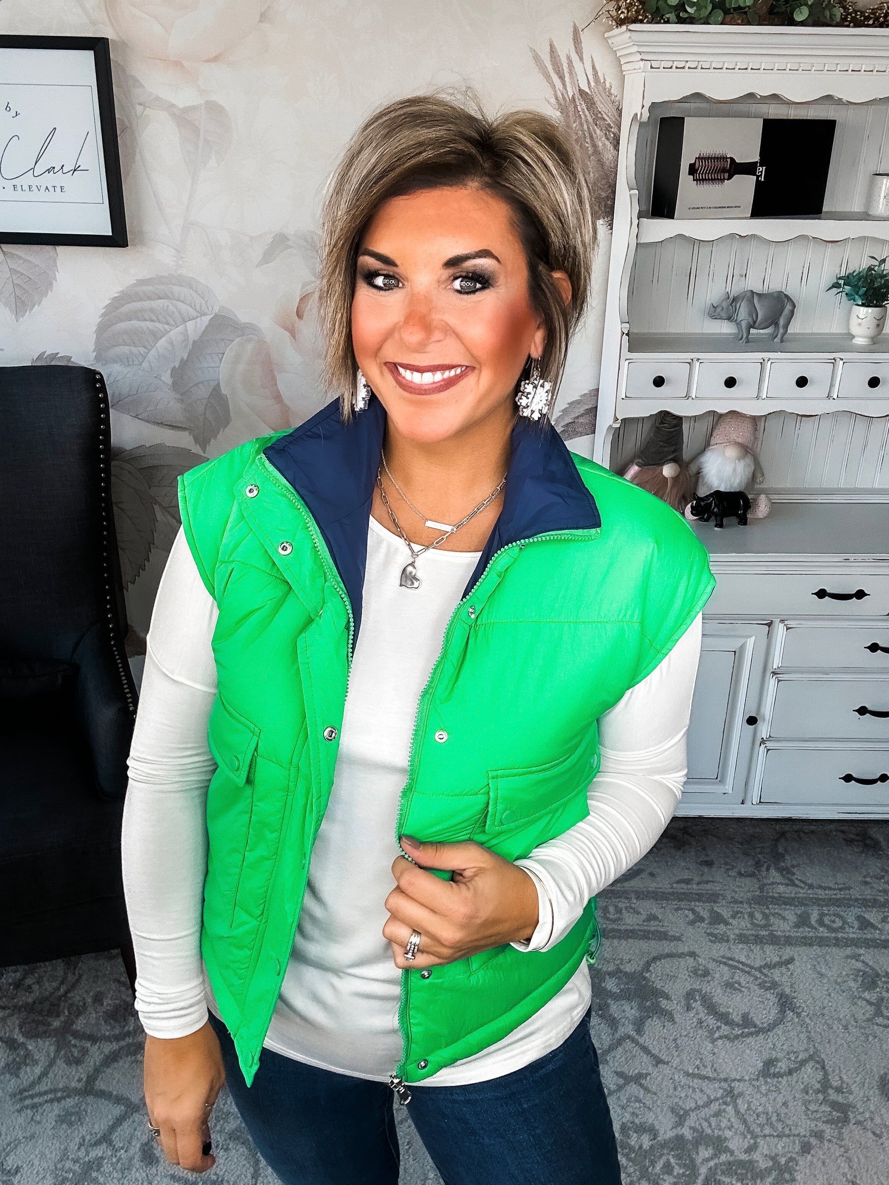 Stay Out All Night Reversible Puffer Vest - Navy/Green