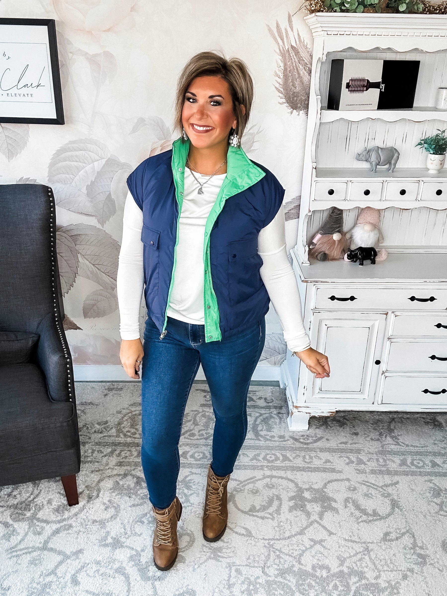 Stay Out All Night Reversible Puffer Vest - Navy/Green