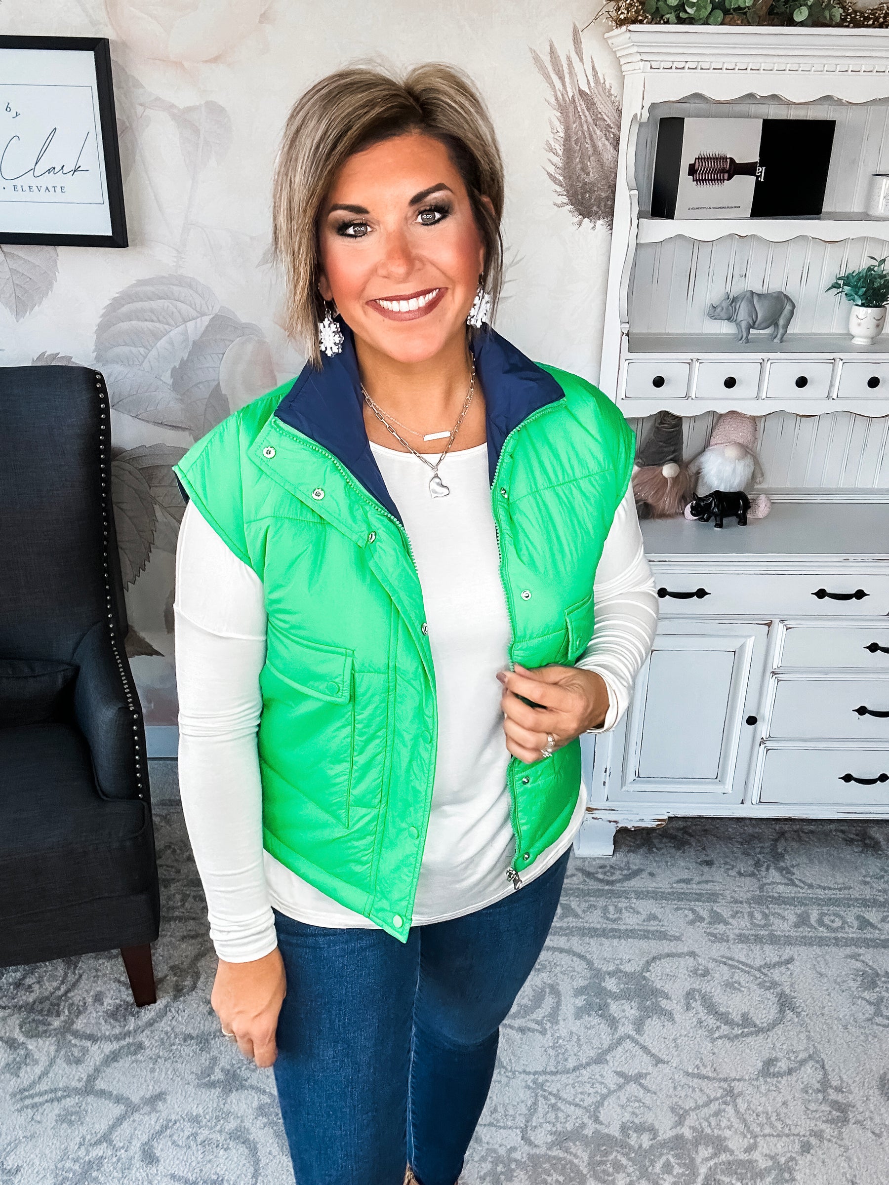 Stay Out All Night Reversible Puffer Vest - Navy/Green