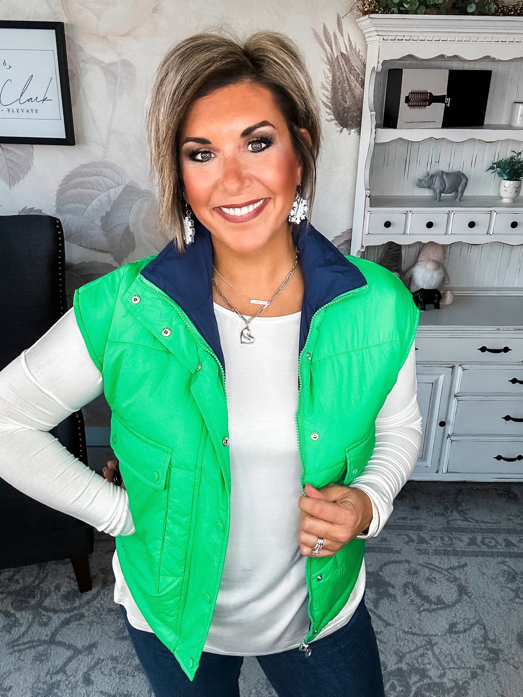 Stay Out All Night Reversible Puffer Vest - Navy/Green