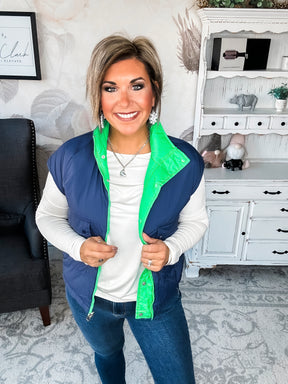 Stay Out All Night Reversible Puffer Vest - Navy/Green