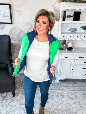 Stay Out All Night Reversible Puffer Vest - Navy/Green