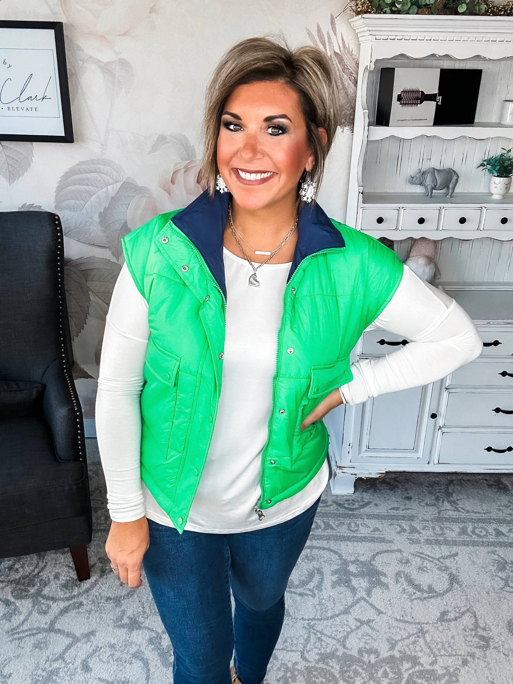 Stay Out All Night Reversible Puffer Vest - Navy/Green