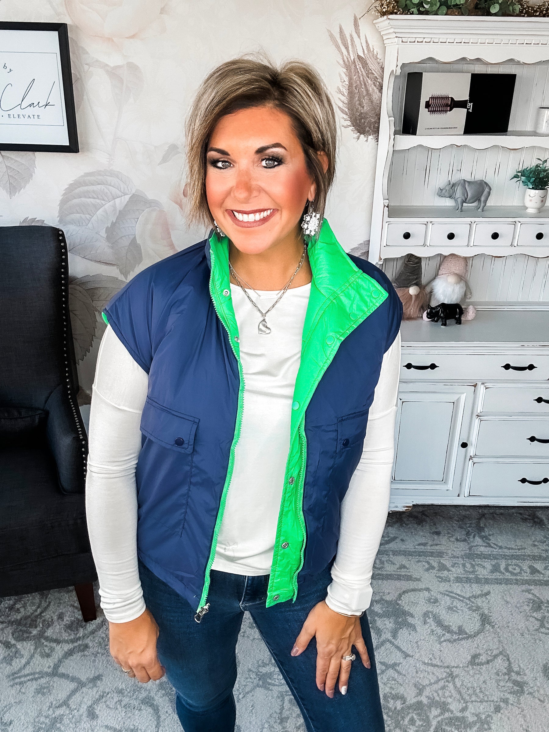 Stay Out All Night Reversible Puffer Vest - Navy/Green