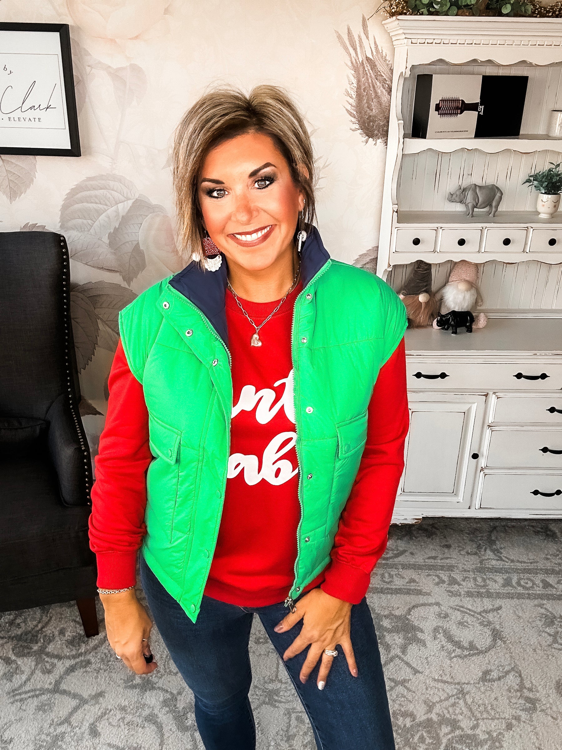 Stay Out All Night Reversible Puffer Vest - Navy/Green