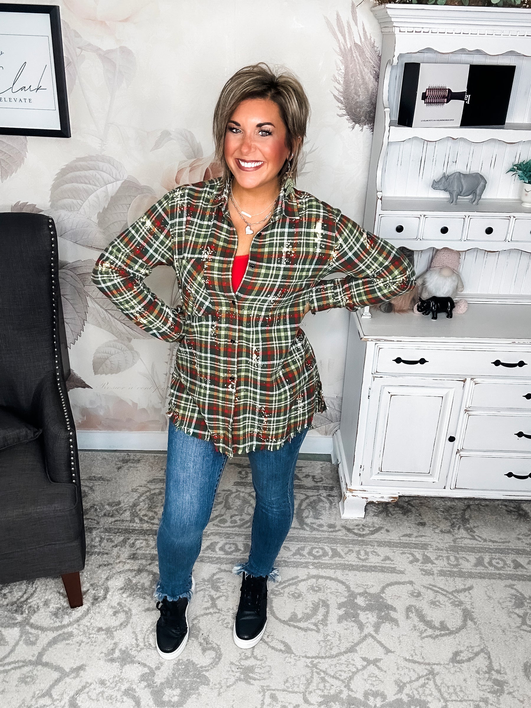 Christmas Red & Green Bleached Flannel Button Down