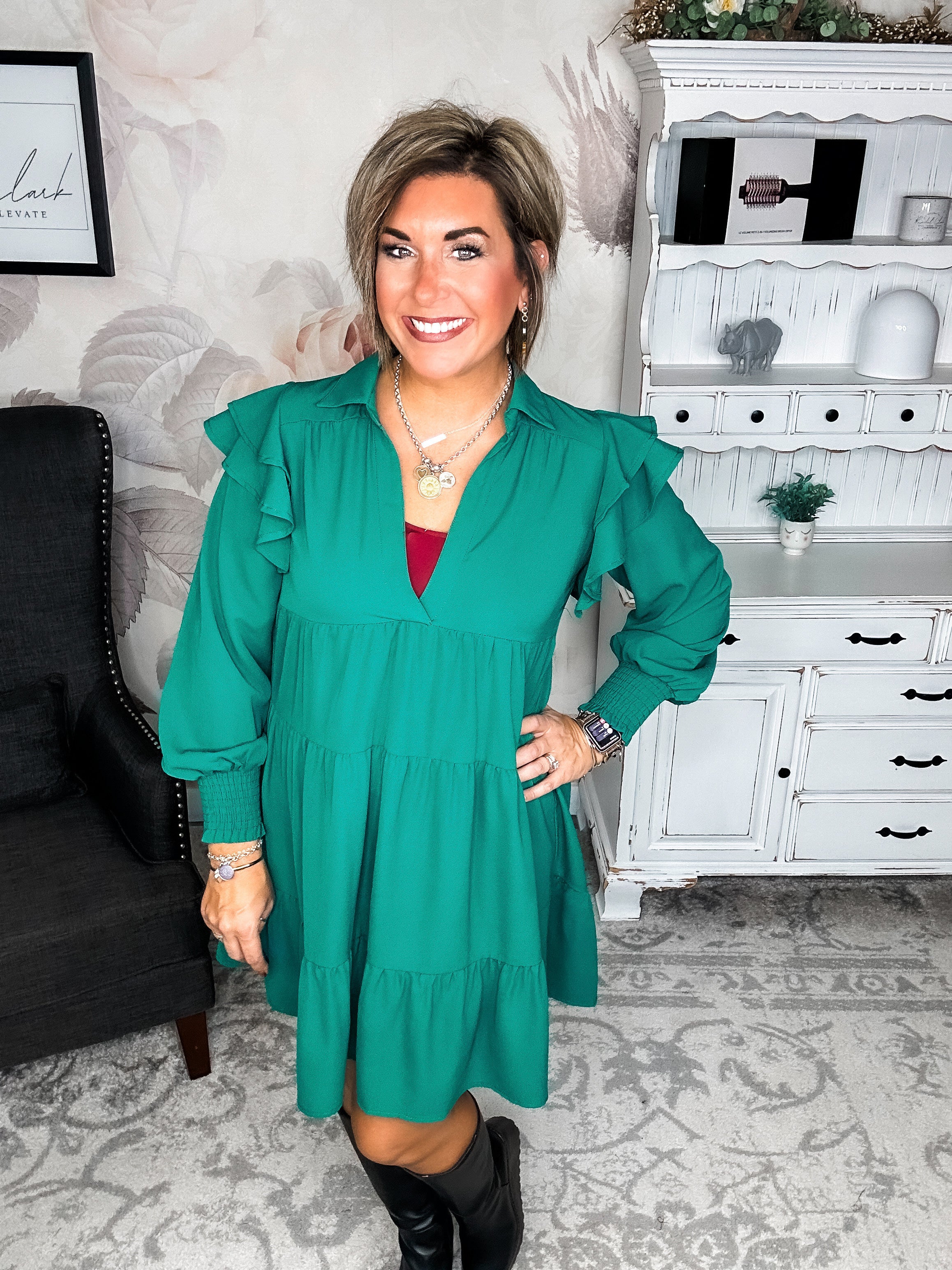 Rise Above It Long Sleeve Midi Dress - Hunter Green