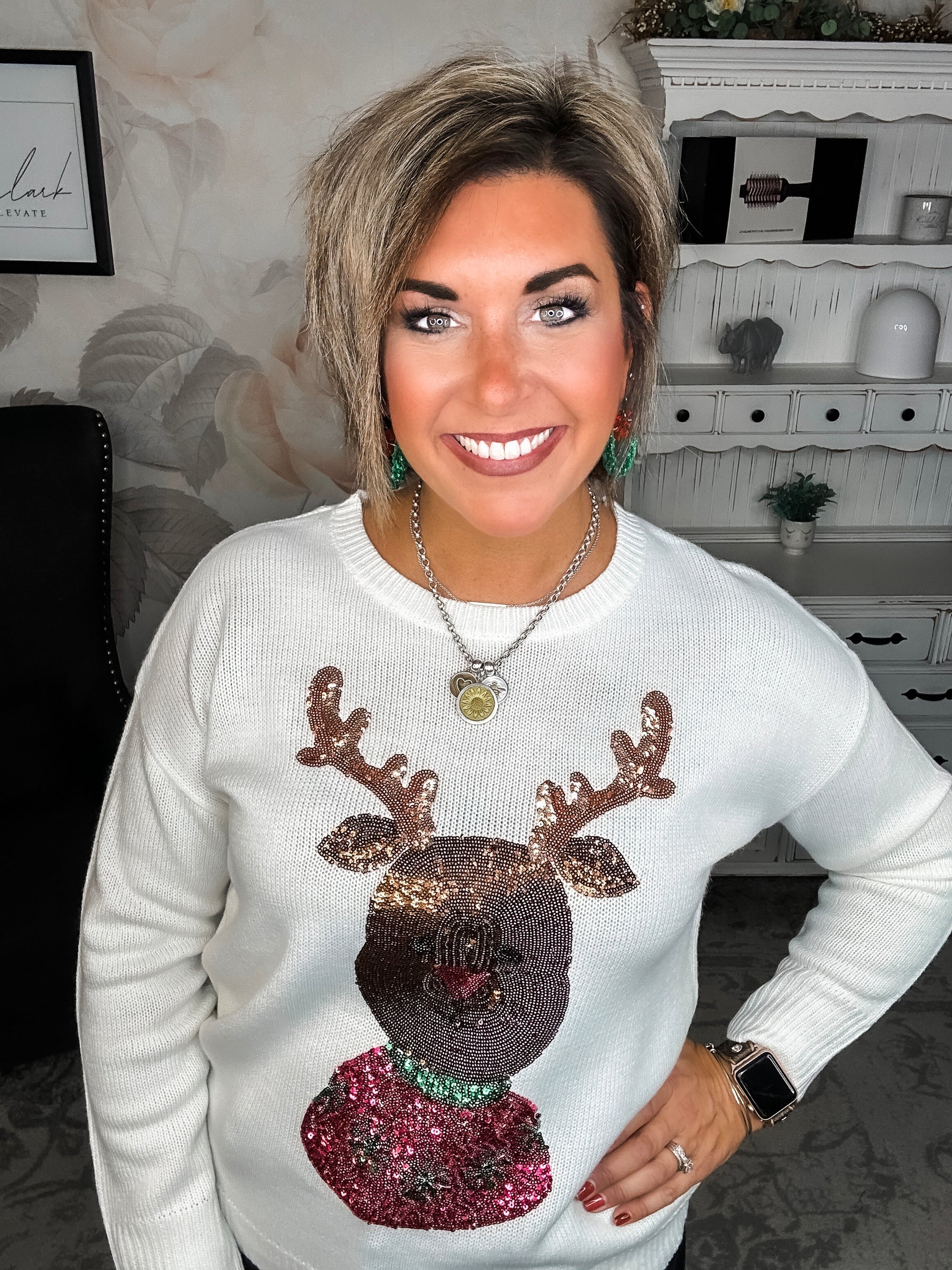 Christmas Rudolph Sequin Sweater - Ivory