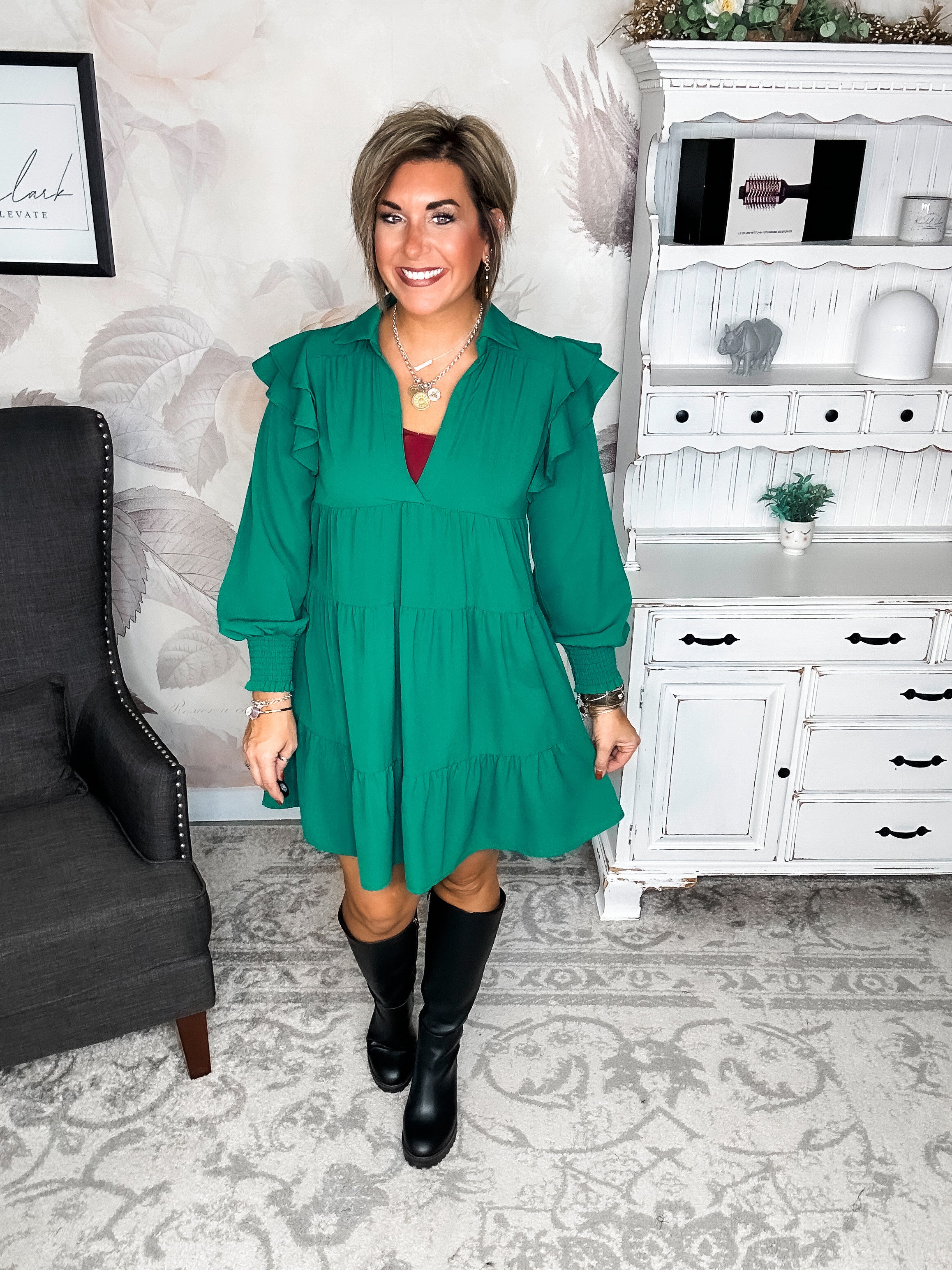 Rise Above It Long Sleeve Midi Dress - Hunter Green
