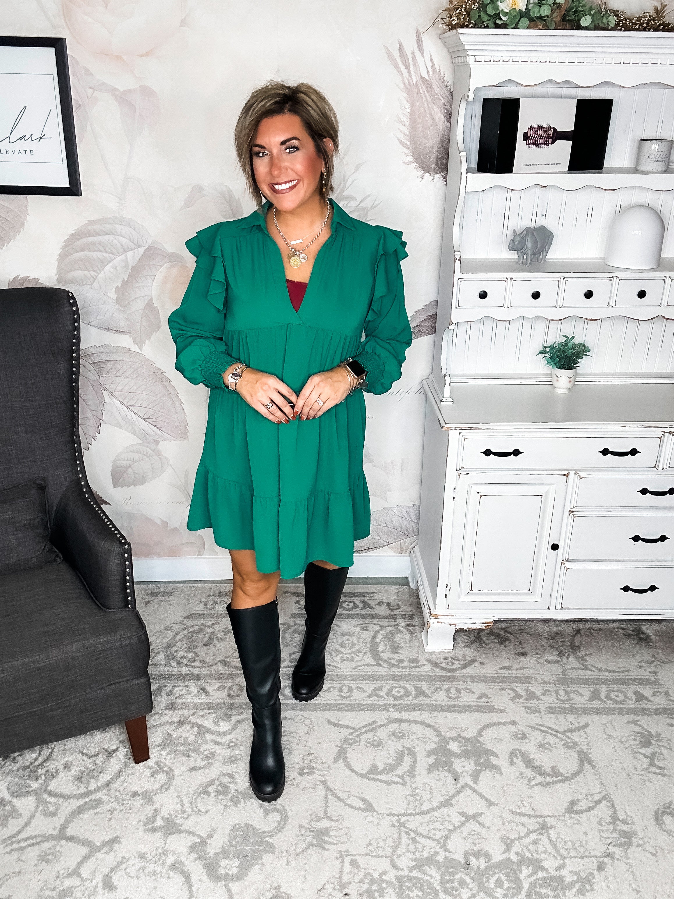 Rise Above It Long Sleeve Midi Dress - Hunter Green