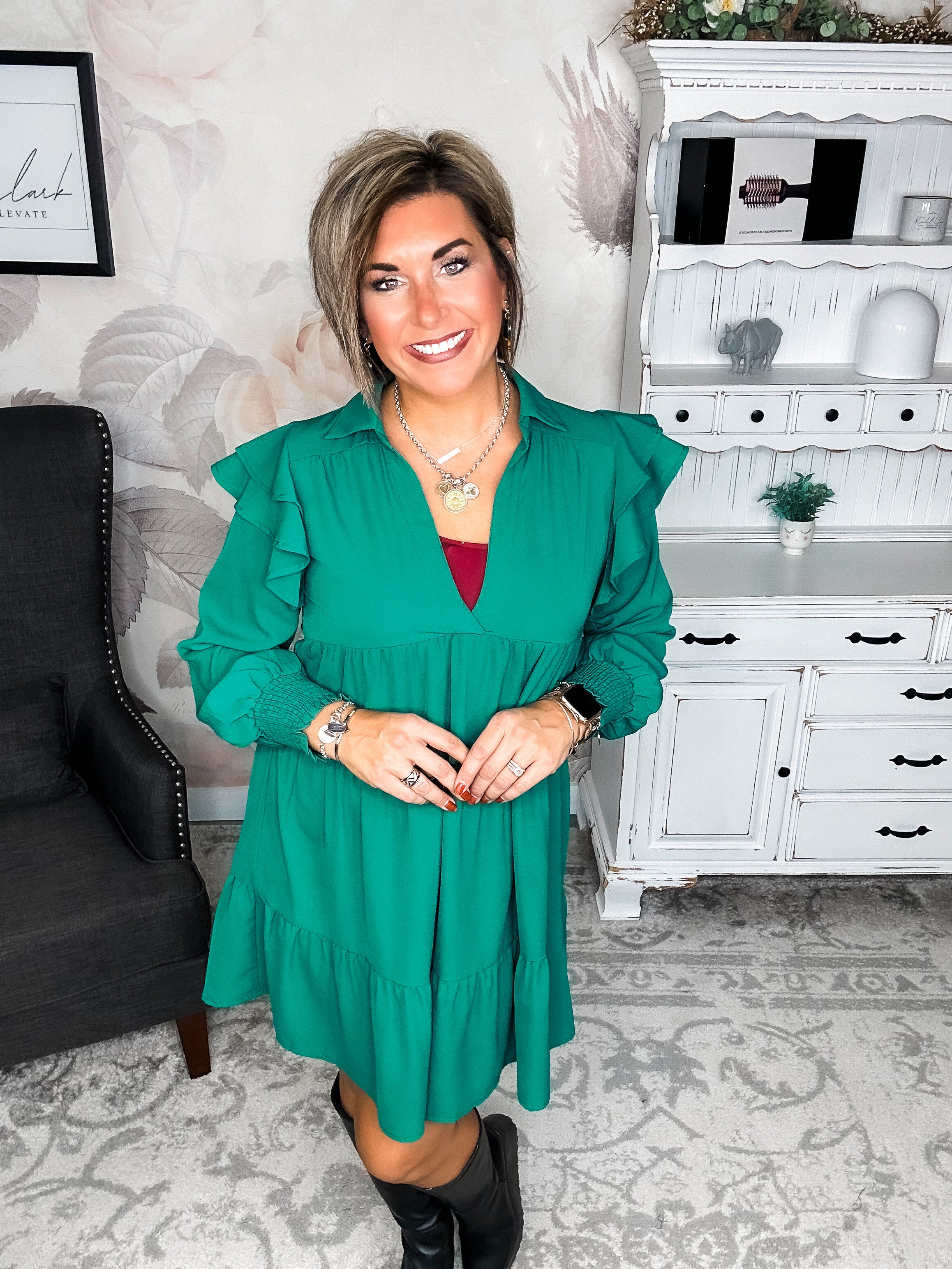 Rise Above It Long Sleeve Midi Dress - Hunter Green