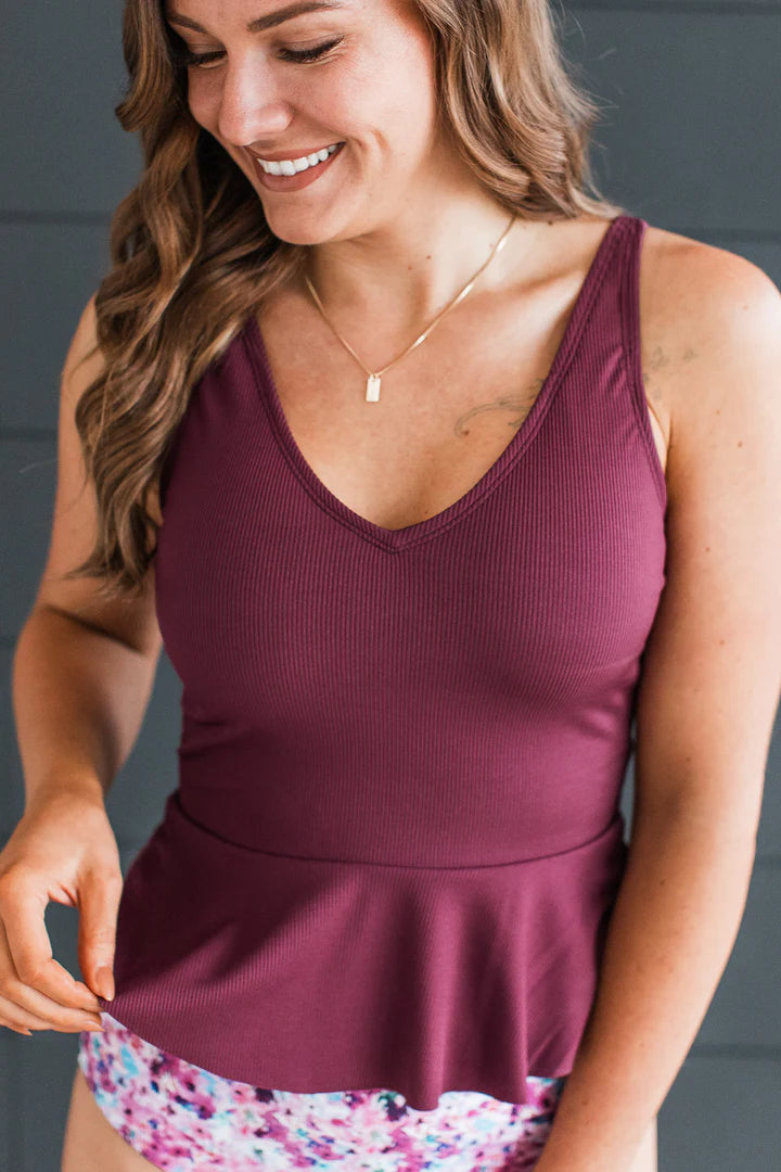 Ocean Breeze Peplum Tankini Top - Plum Ribbed