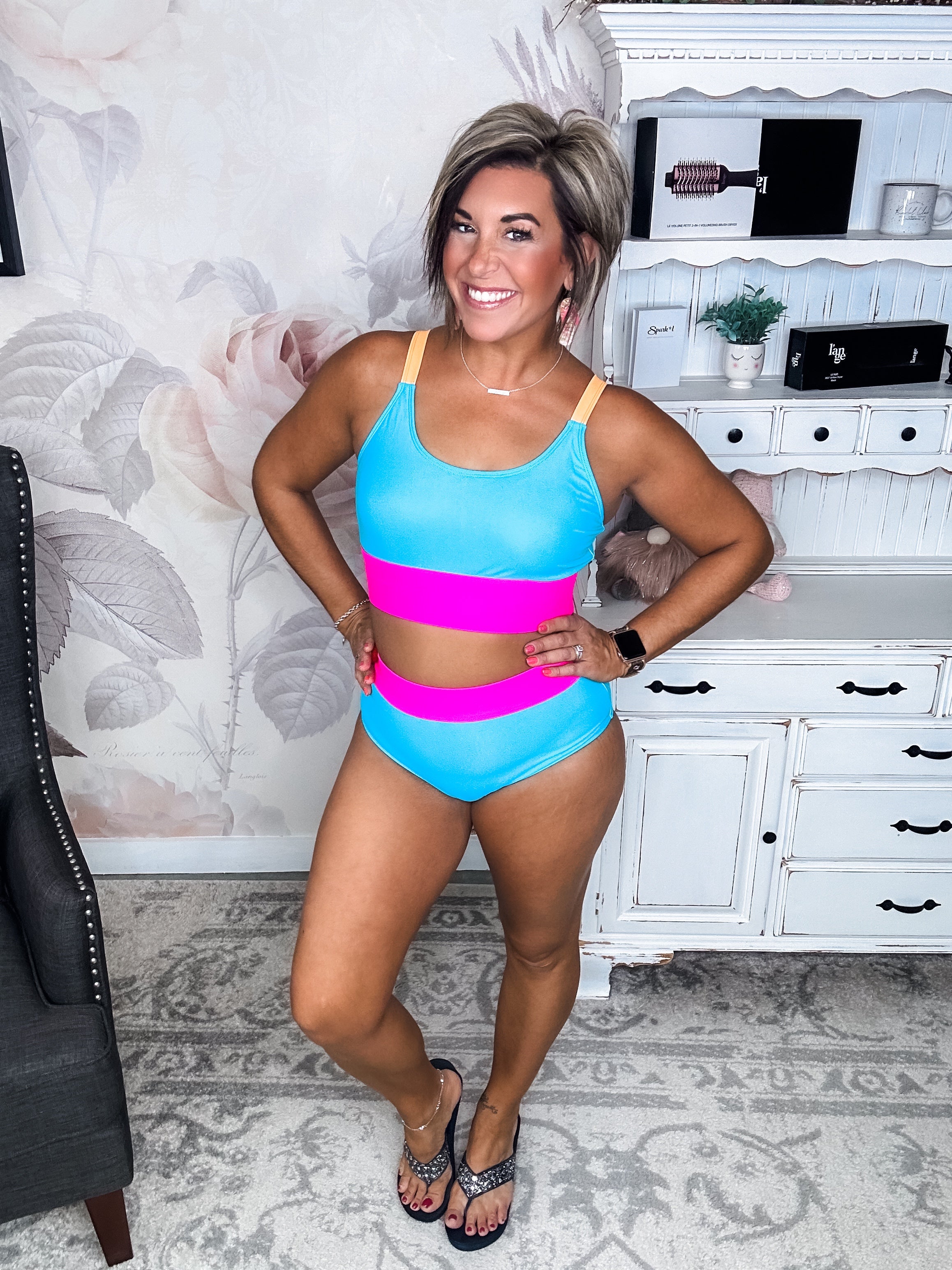 Catching Waves Bikini Swim Top - Blue, Bright Pink & Orange