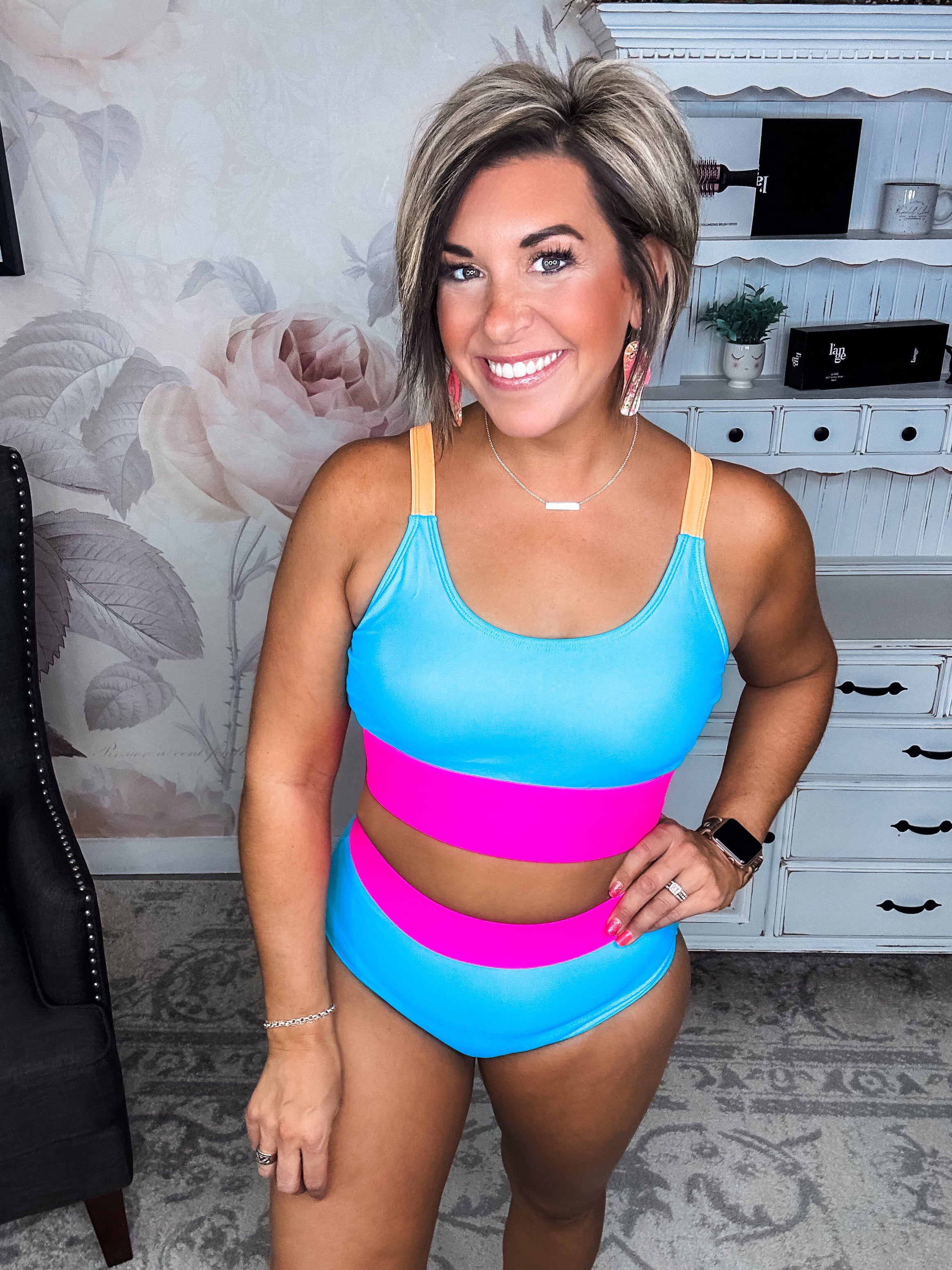 Catching Waves Bikini Swim Top - Blue, Bright Pink & Orange