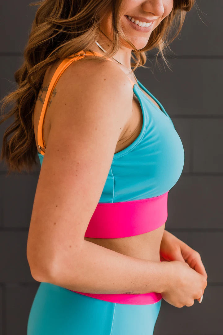 Catching Waves Bikini Swim Top - Blue, Bright Pink & Orange