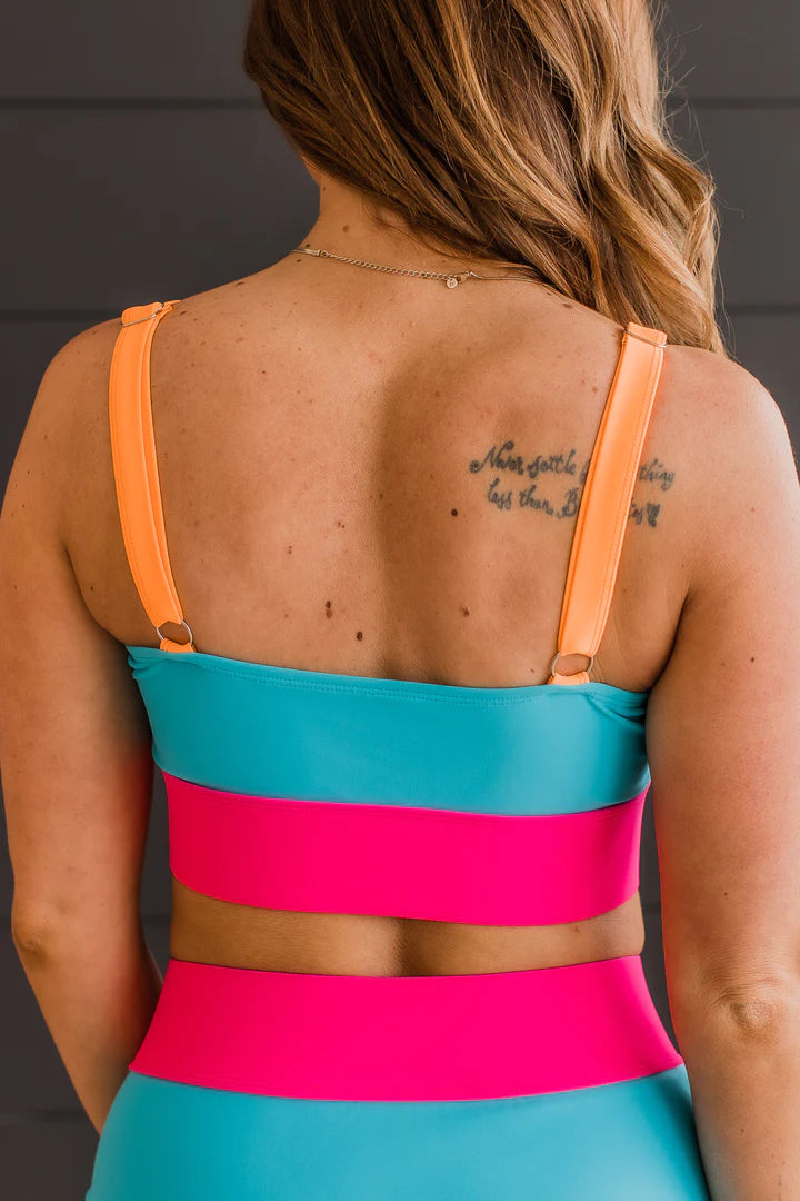 Catching Waves Bikini Swim Top - Blue, Bright Pink & Orange