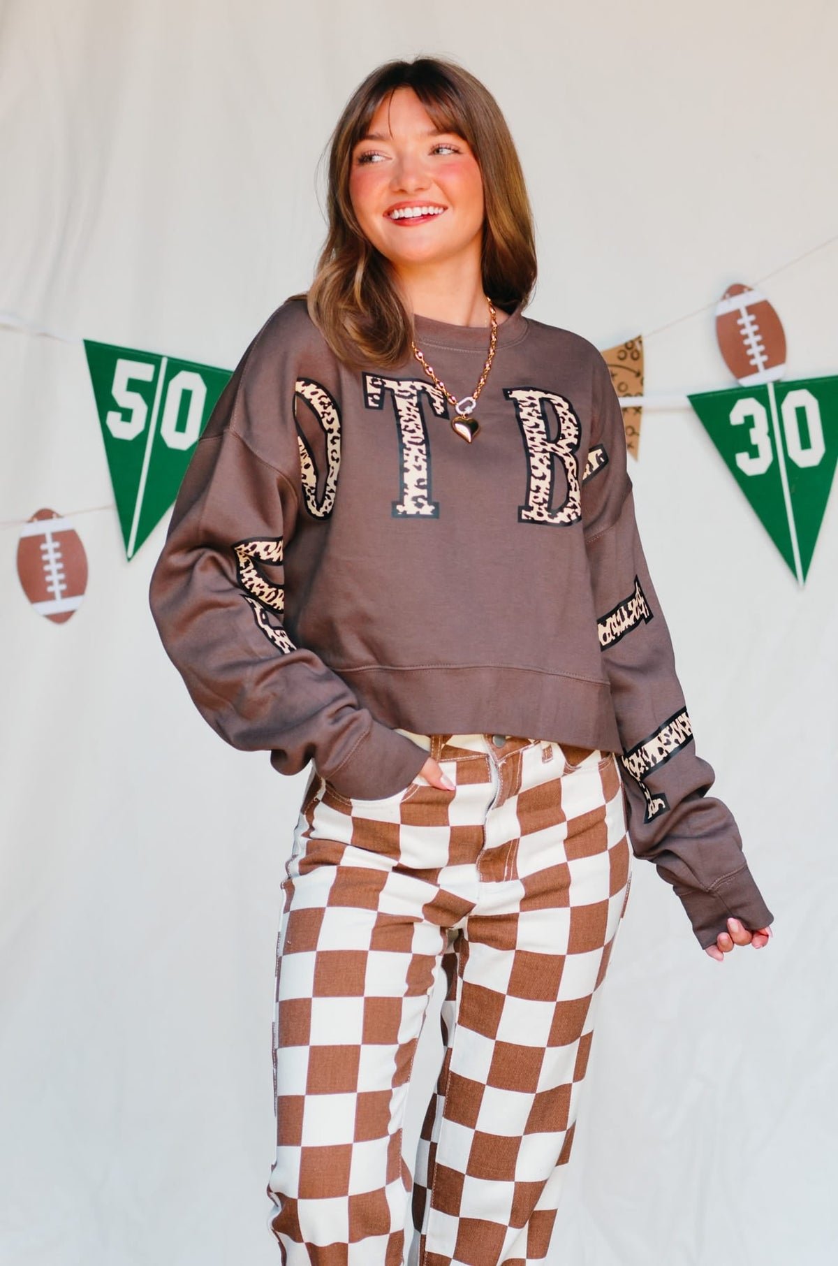 Football Leopard Mocha Crop Sweatshirt *ONLINE EXCLUSIVE*