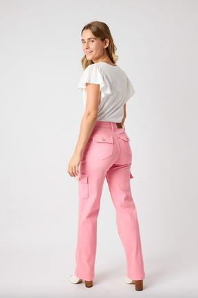 Penelope High-Waisted Pink Cargo Straight Leg Jeans - Reg/Plus