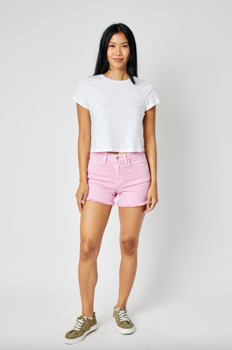 Judy Blue Garment Dyed Fray Hem Shorts - Light Pink