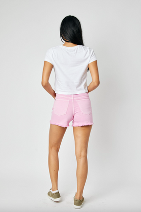 Judy Blue Garment Dyed Fray Hem Shorts - Light Pink