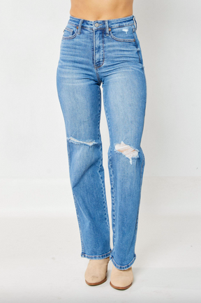 Judy Blue Tummy Control Knee Destroy Straight Leg Jeans