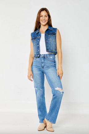 Judy Blue Tummy Control Knee Destroy Straight Leg Jeans