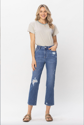 Judy Blue Destroy Pocket Embroidery Straight Leg Crop Jeans