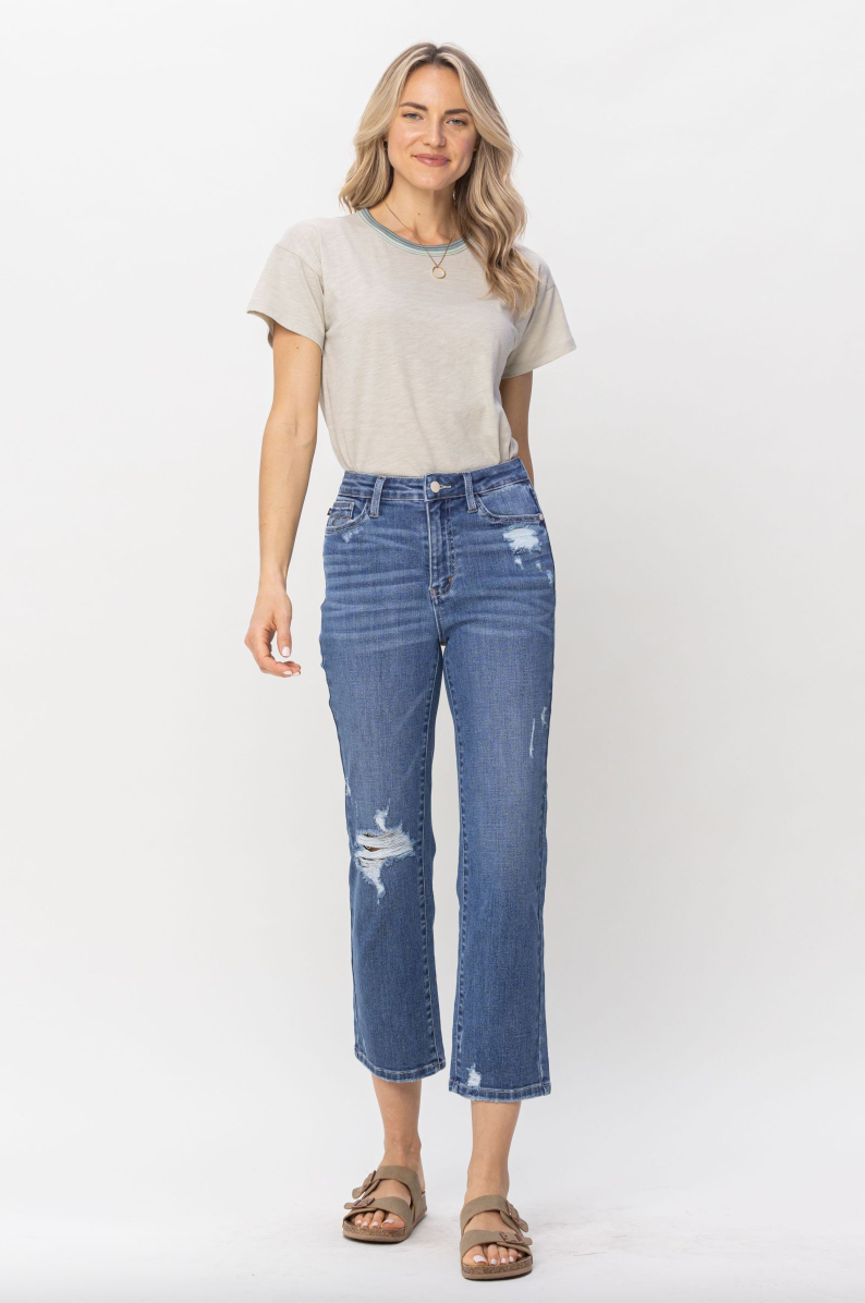 Judy Blue Destroy Pocket Embroidery Straight Leg Crop Jeans