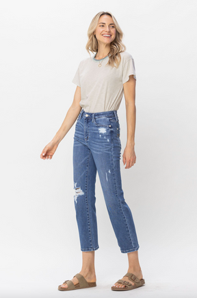 Judy Blue Destroy Pocket Embroidery Straight Leg Crop Jeans