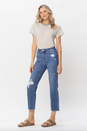 Judy Blue Destroy Pocket Embroidery Straight Leg Crop Jeans