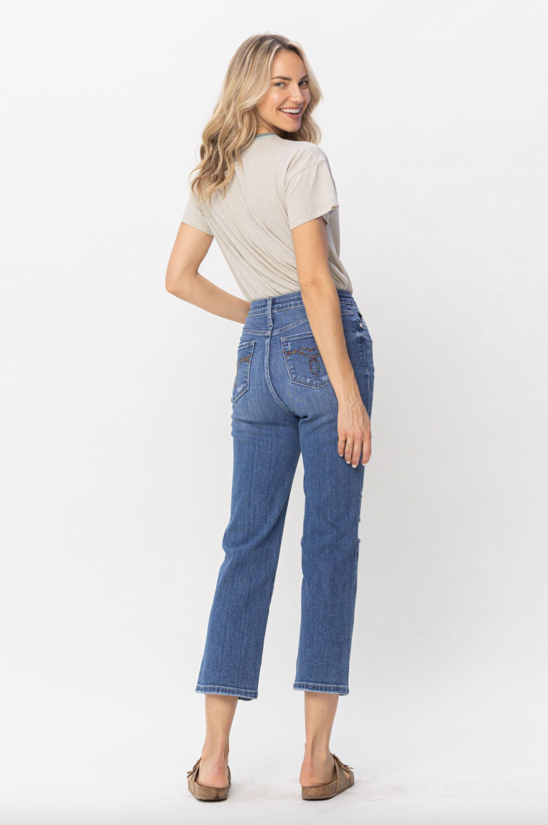 Judy Blue Destroy Pocket Embroidery Straight Leg Crop Jeans