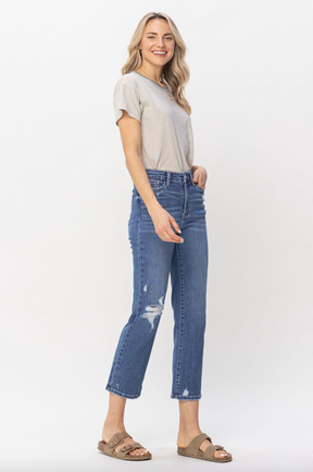 Judy Blue Destroy Pocket Embroidery Straight Leg Crop Jeans